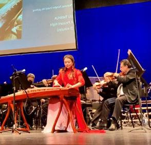 woman in long dress performing in a stringed instrument